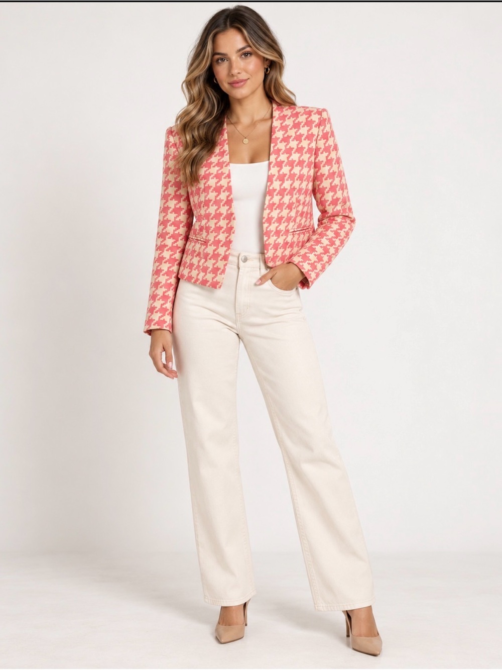 NWT Pink and Cream houndstooth cropped blazer - Size small